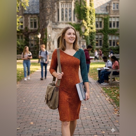 RACHEL Roy Chic Dark Gold/Rust & Teal Combo Dress w/Ruching on One Side ( L) NWT - Picture 3 of 14